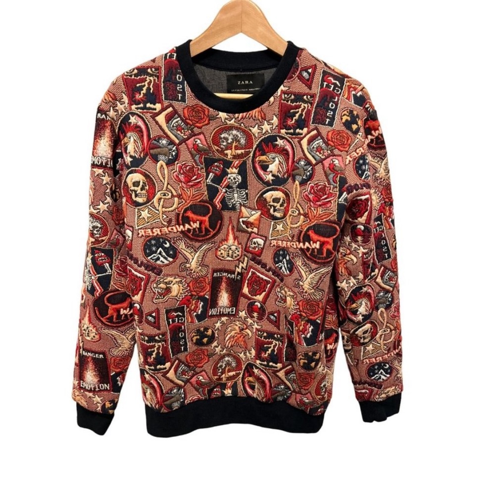 ZARA Quilted Jacquard Sweatshirt medium men’s embroidered skull eagle flash